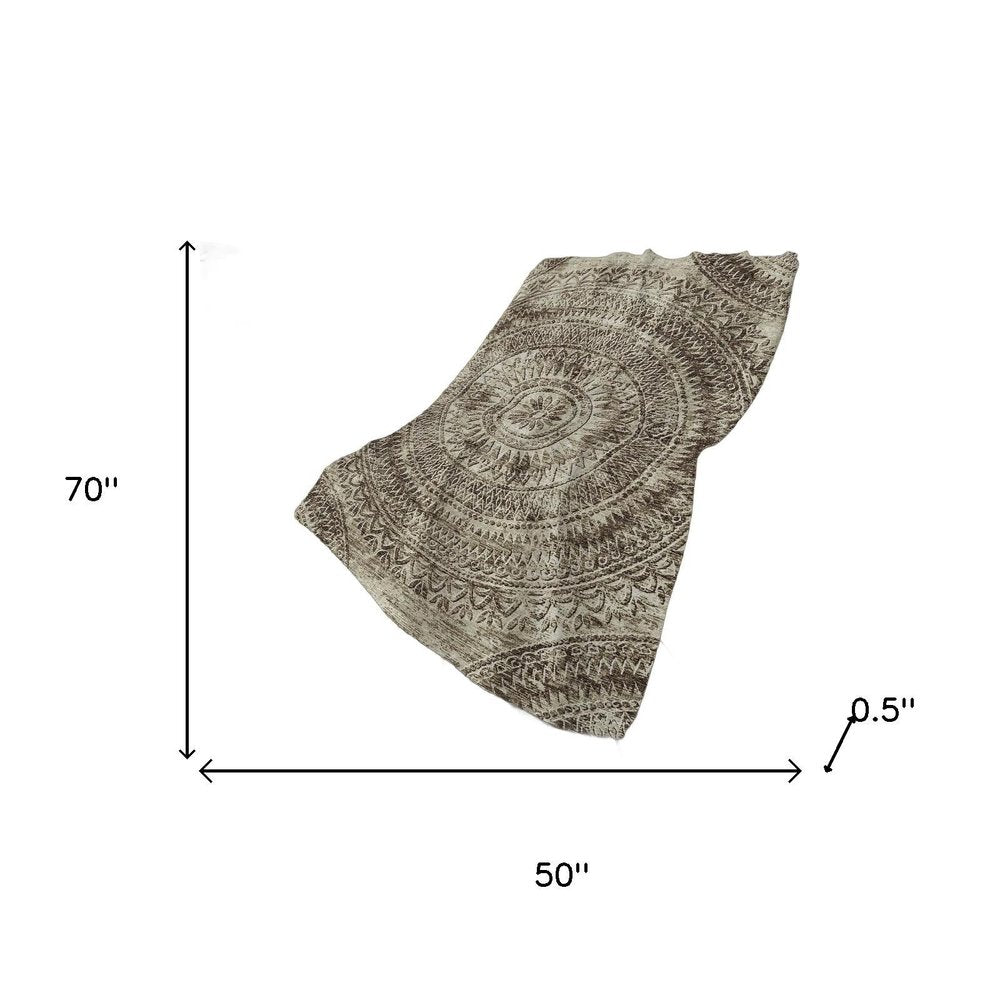 50" X 70" Brown And Beige Floral Polyester Woven Plush Throw Blanket