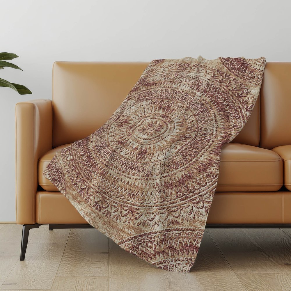 50" X 70" Rust And Beige Floral Polyester Woven Plush Throw Blanket