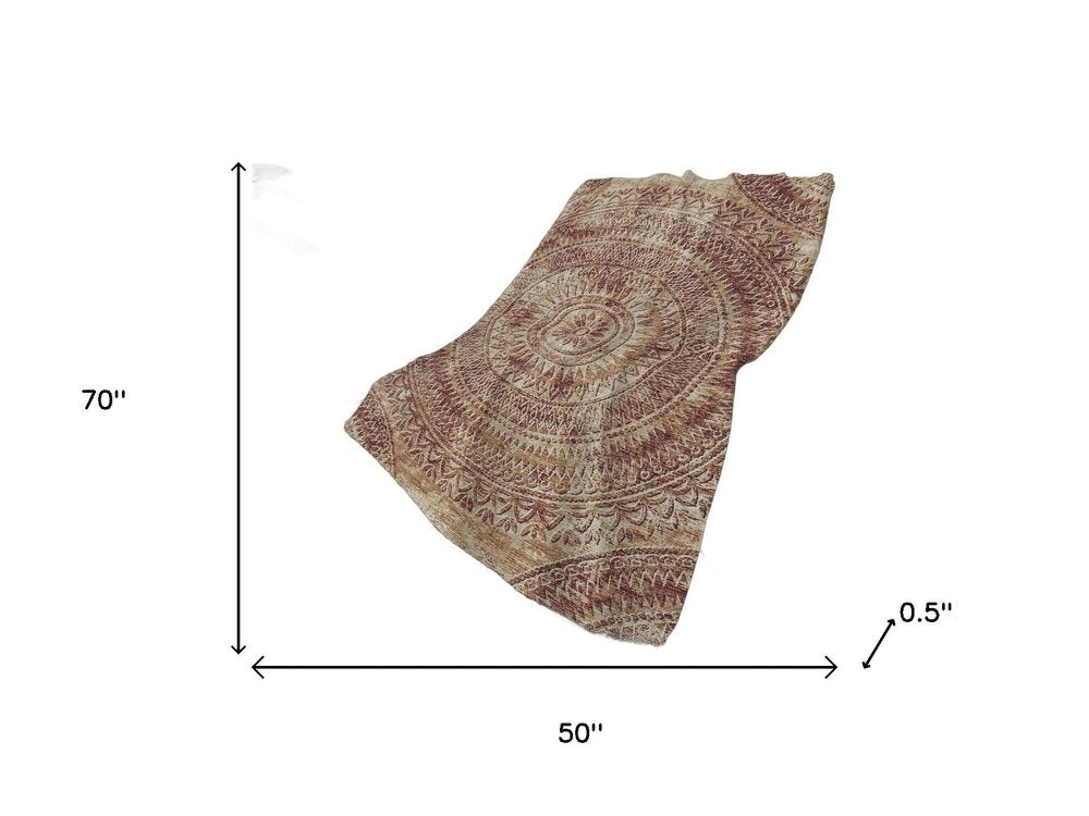 50" X 70" Rust And Beige Floral Polyester Woven Plush Throw Blanket