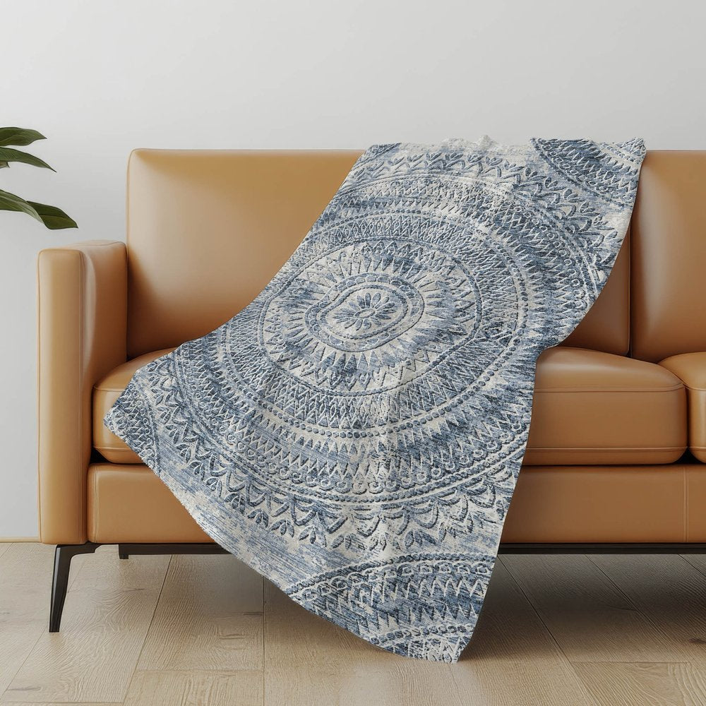 50" X 70" Blue And Ivory Floral Polyester Woven Plush Throw Blanket