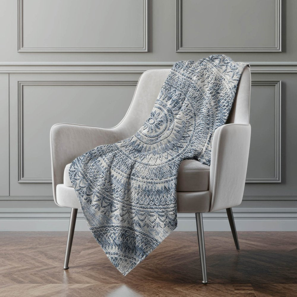 50" X 70" Blue And Ivory Floral Polyester Woven Plush Throw Blanket