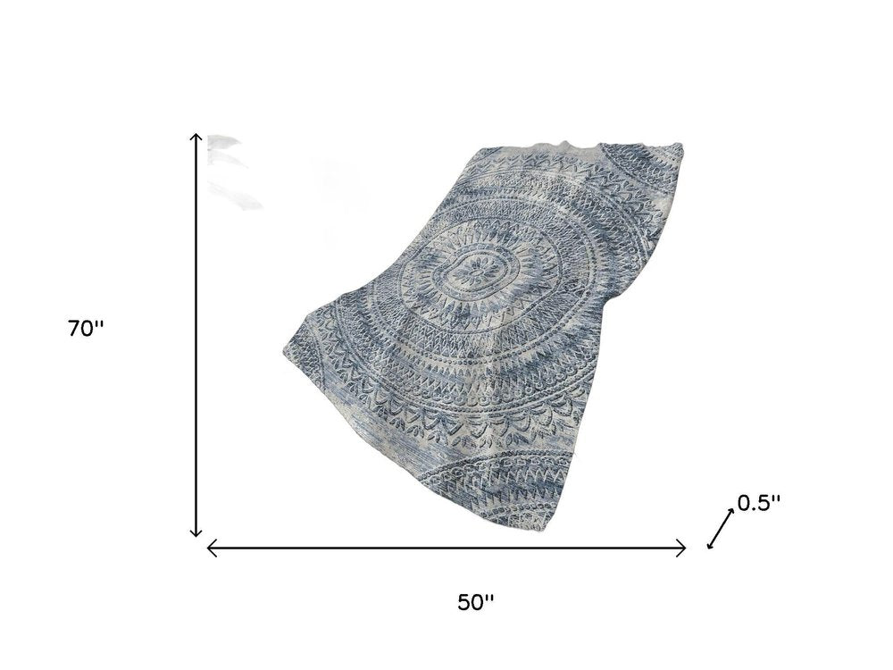 50" X 70" Blue And Ivory Floral Polyester Woven Plush Throw Blanket