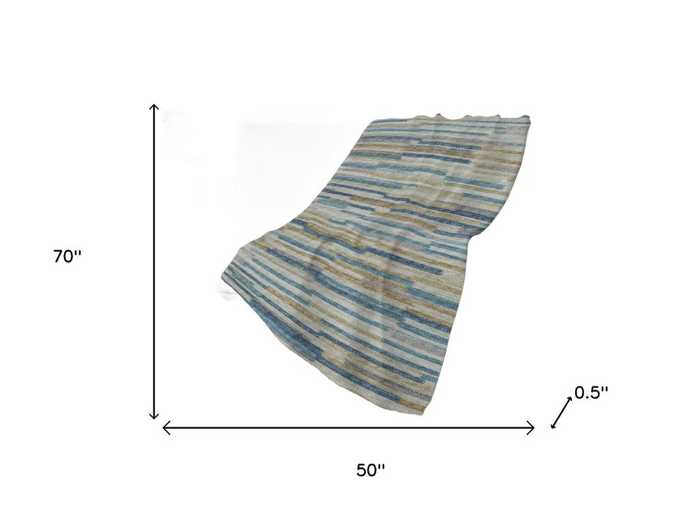 50" X 70" Blue Gold And Beige Abstract Polyester Woven Plush Throw Blanket