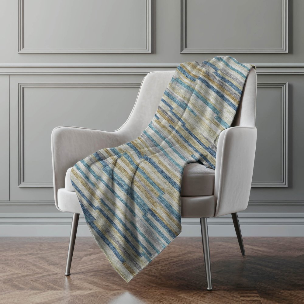 50" X 70" Blue Gold And Beige Abstract Polyester Woven Plush Throw Blanket