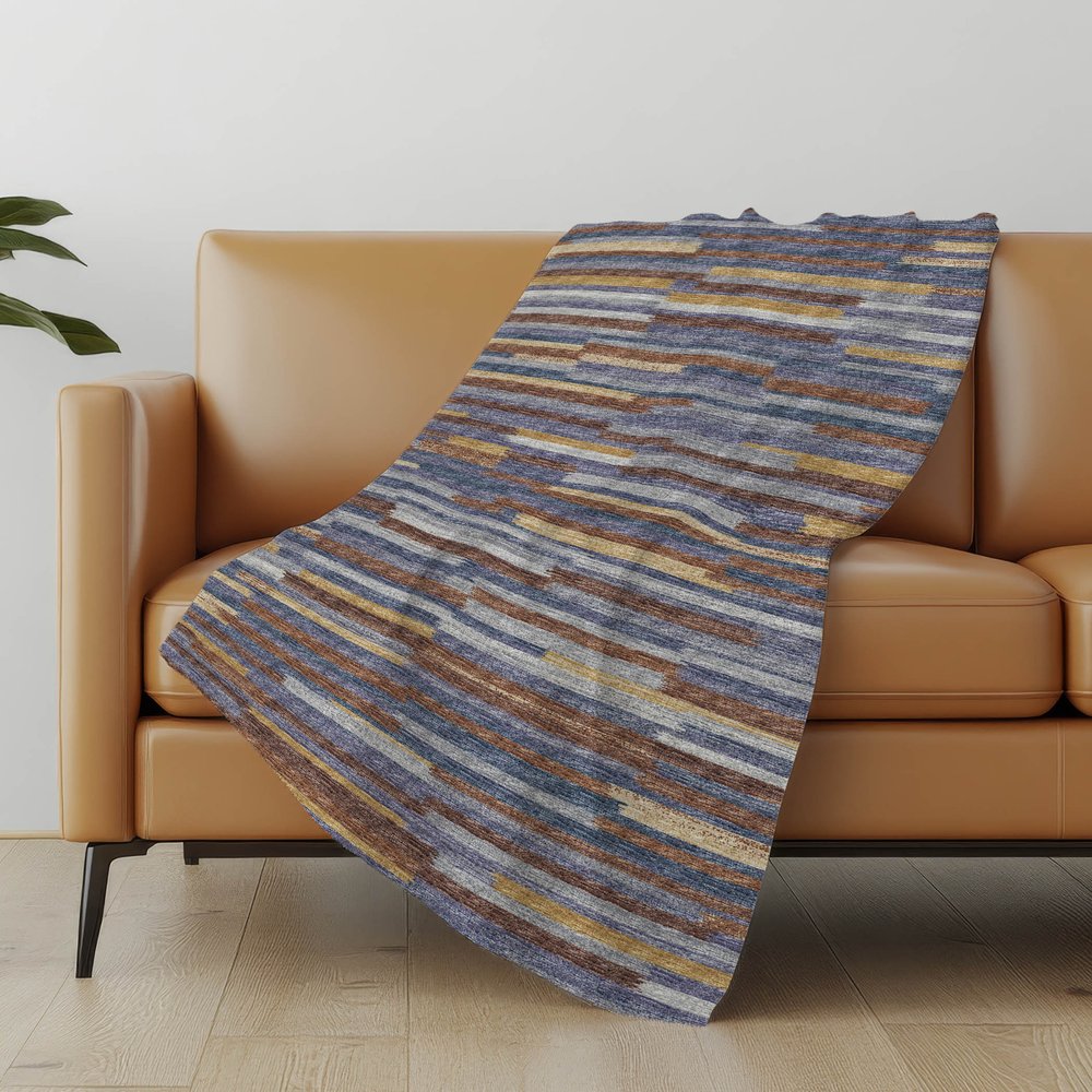 50" X 70" Blue Chocolate And Beige Abstract Polyester Woven Plush Throw Blanket