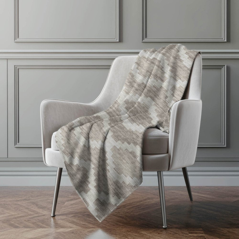 50" X 70" Tan And Beige Geometric Polyester Woven Plush Throw Blanket