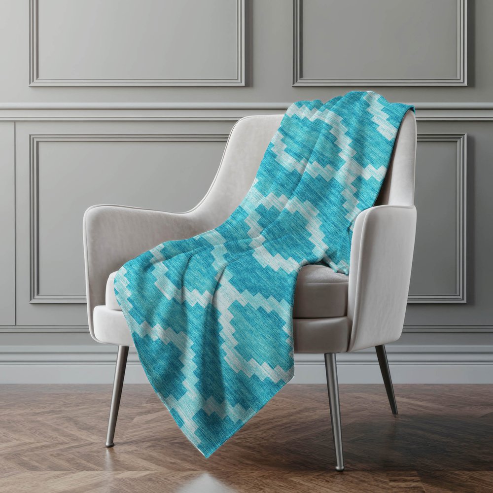 50" X 70" Turquoise And Aqua Geometric Polyester Woven Plush Throw Blanket