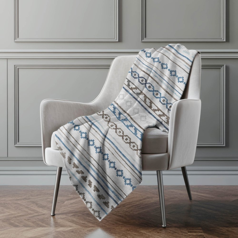 50" X 70" Gray Blue And Ivory Geometric Polyester Woven Plush Throw Blanket