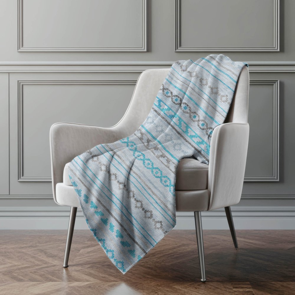 50" X 70" Turquoise And Gray Geometric Polyester Woven Plush Throw Blanket
