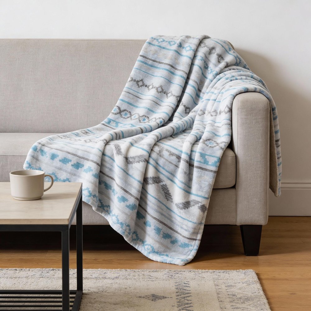 50" X 70" Turquoise And Gray Geometric Microfiber Plush Throw Blanket