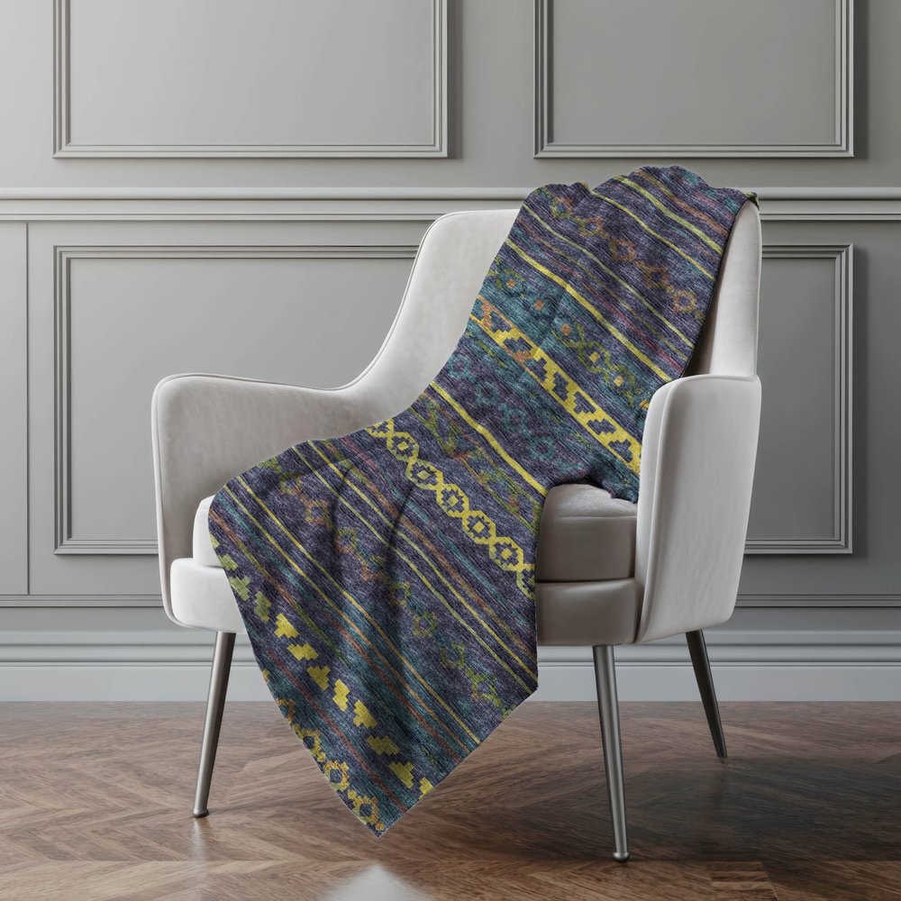50" X 70" Blue Gold And Green Geometric Polyester Woven Plush Throw Blanket
