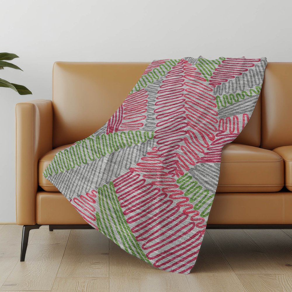 50" X 70" Pink Green And Gray Abstract Polyester Woven Plush Throw Blanket