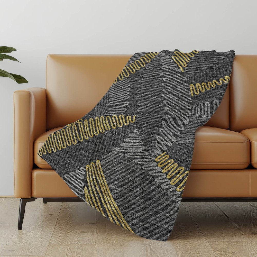 50" X 70" Gray Gold And Charcoal Abstract Polyester Woven Plush Throw Blanket