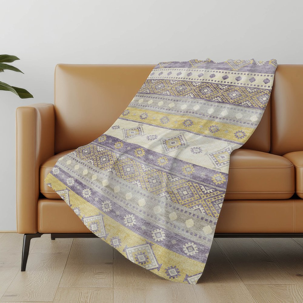 50" X 70" Purple Gold And Beige Geometric Polyester Woven Plush Throw Blanket