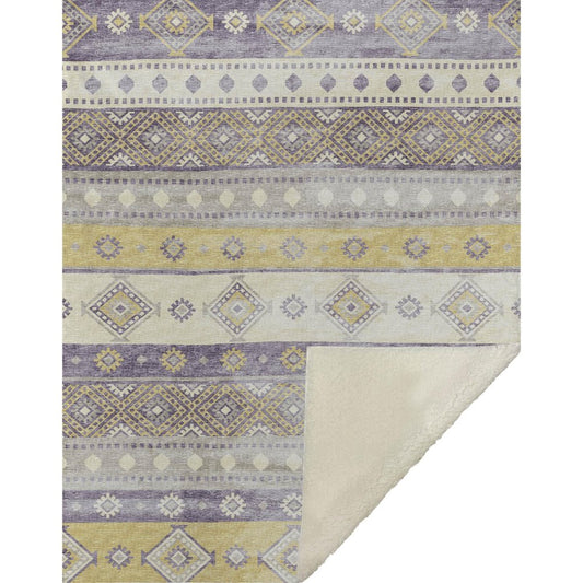50" X 70" Purple Gold And Beige Microfiber Geometric Plush Throw Blanket