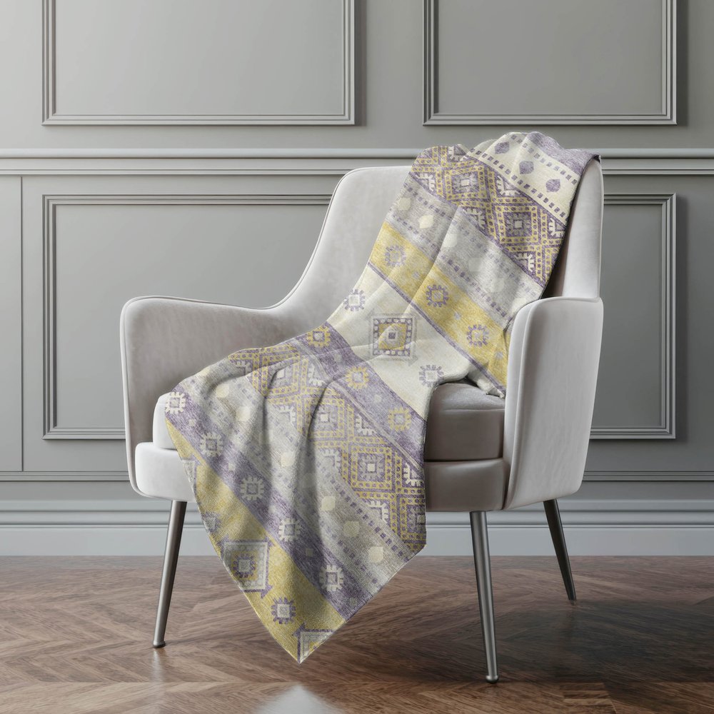 50" X 70" Purple Gold And Beige Geometric Polyester Woven Plush Throw Blanket