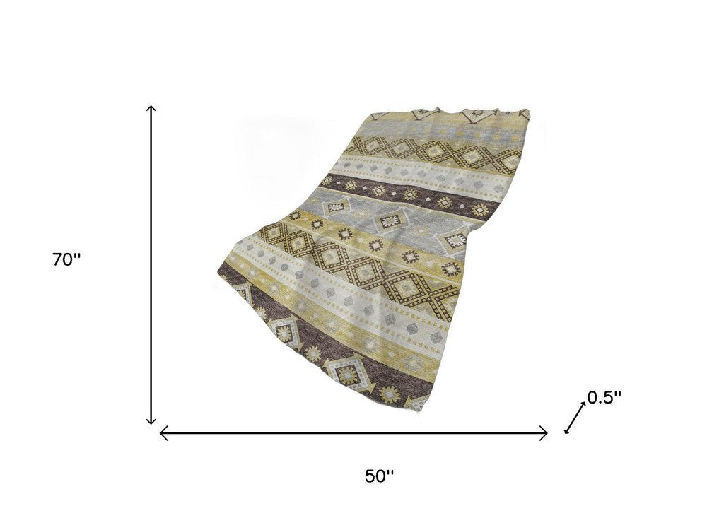 50" X 70" Gold Gray And Ivory Geometric Polyester Woven Plush Throw Blanket