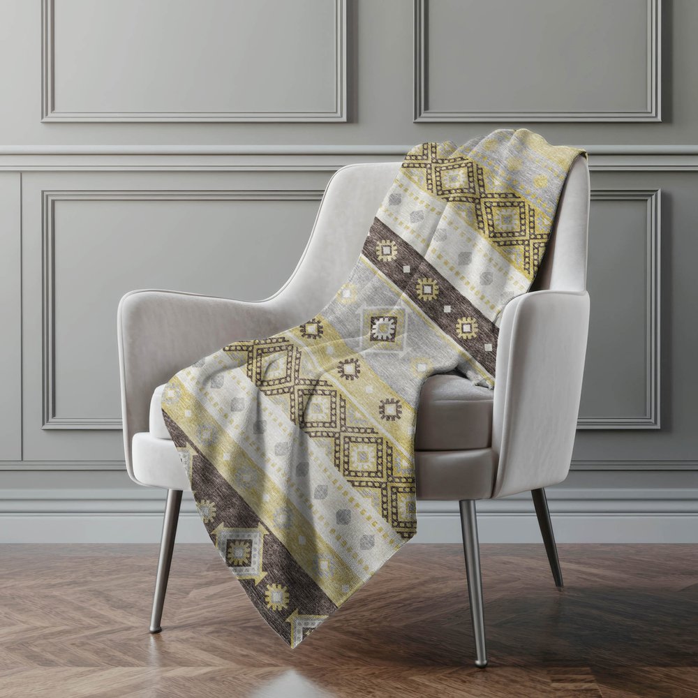 50" X 70" Gold Gray And Ivory Geometric Polyester Woven Plush Throw Blanket