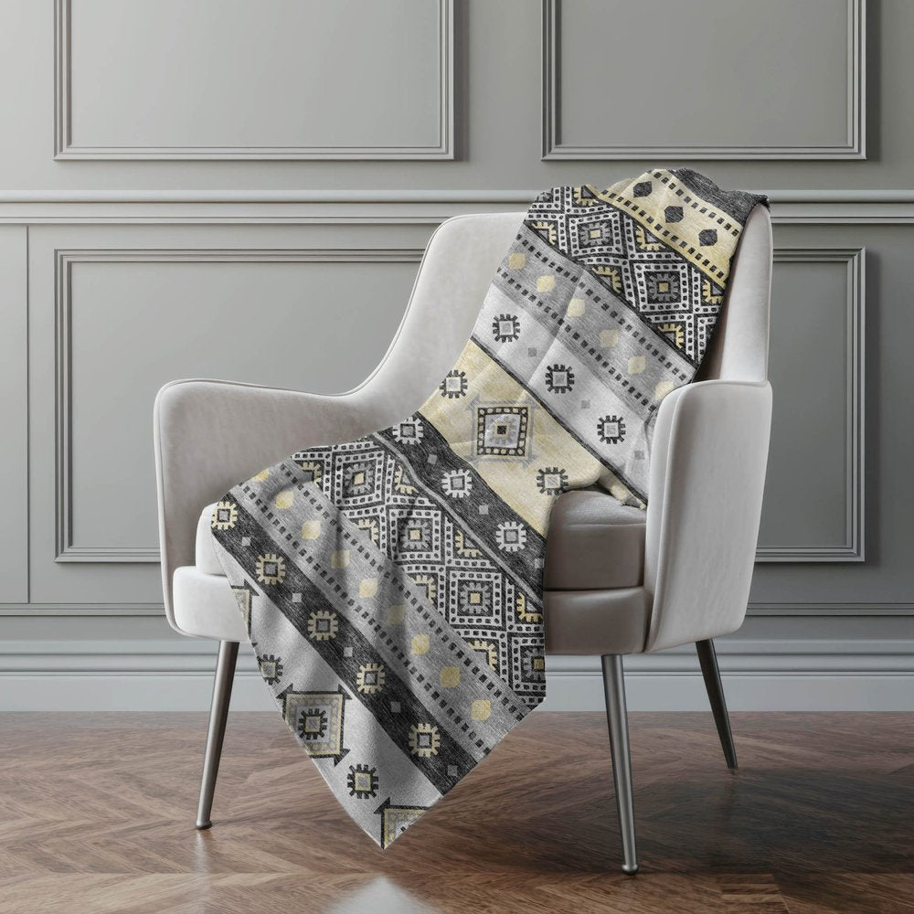 50" X 70" Gray Black And Gold Geometric Polyester Woven Plush Throw Blanket
