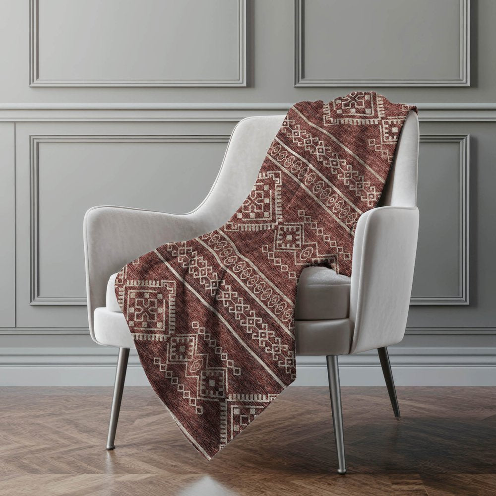 50" X 70" Rust And Ivory Geometric Polyester Woven Plush Throw Blanket