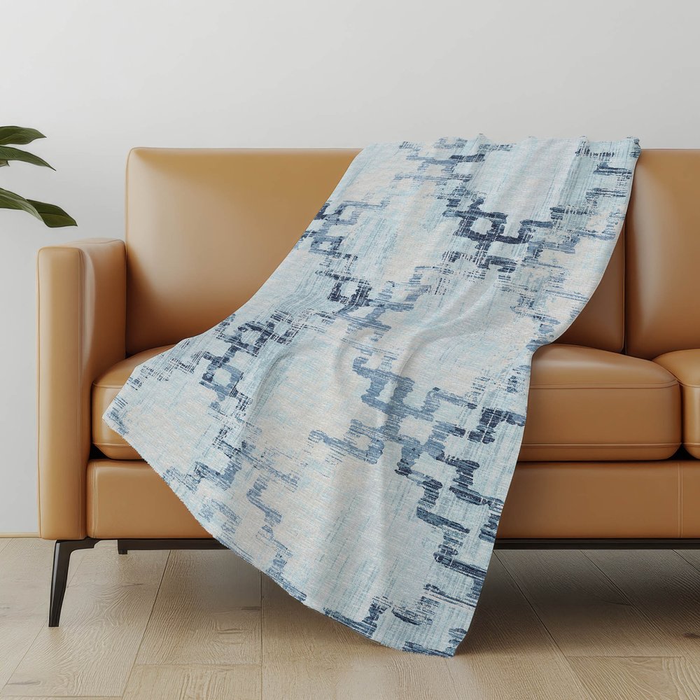 50" X 70" Blue And Ivory Abstract Polyester Woven Plush Throw Blanket