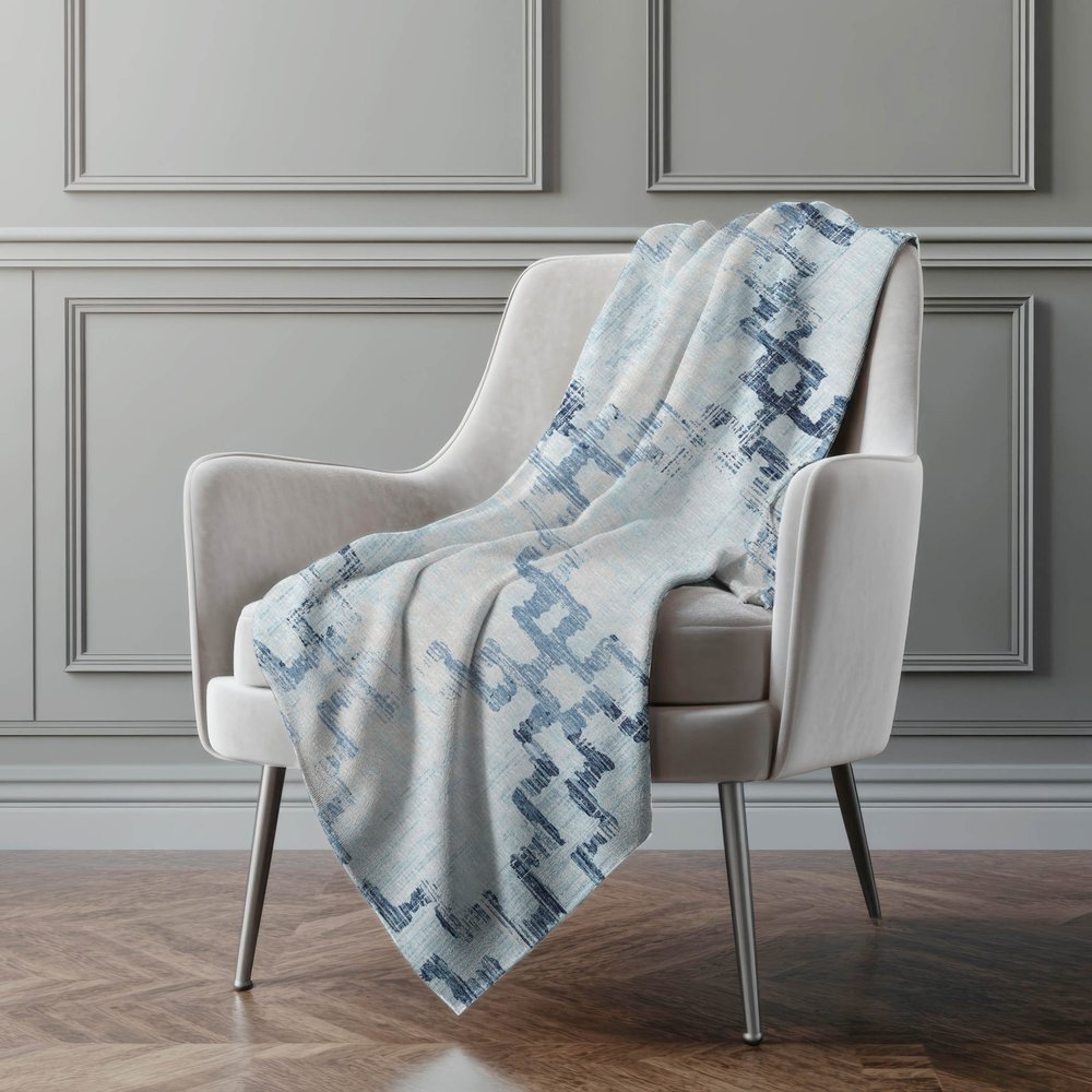 50" X 70" Blue And Ivory Abstract Polyester Woven Plush Throw Blanket