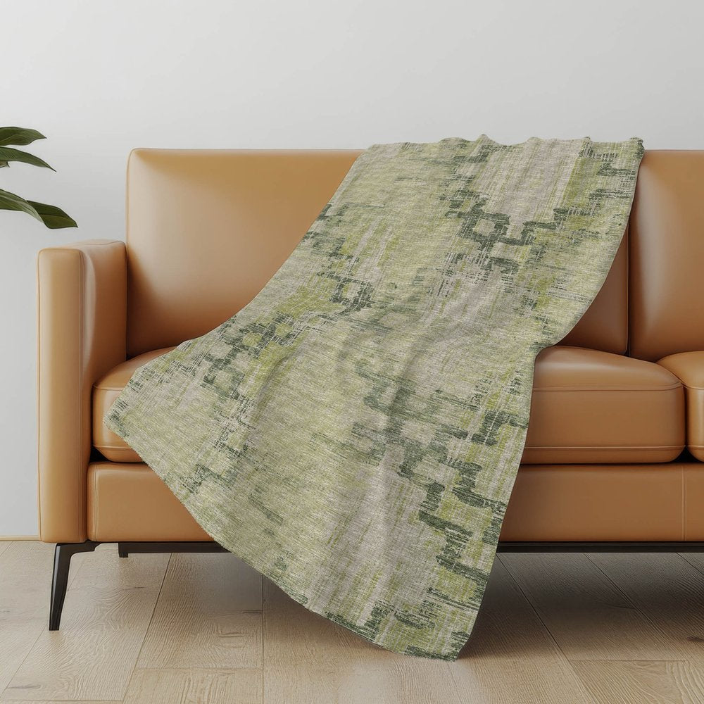 50" X 70" Green And Beige Abstract Polyester Woven Plush Throw Blanket
