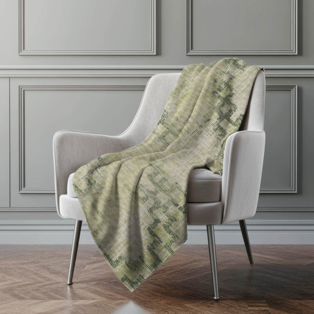 50" X 70" Green And Beige Abstract Polyester Woven Plush Throw Blanket
