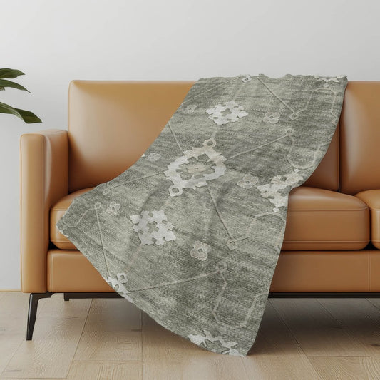 50" X 70" Olive Green And Beige Floral Polyester Woven Plush Throw Blanket