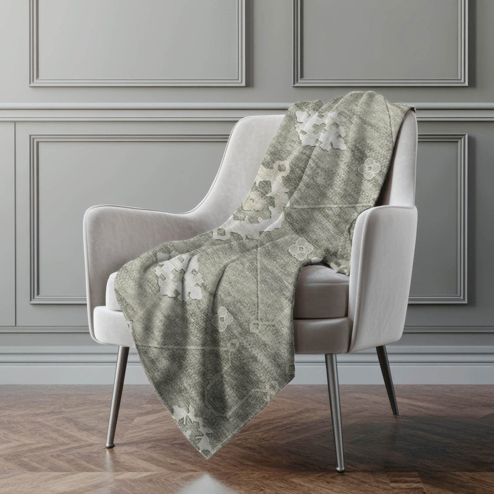 50" X 70" Olive Green And Beige Floral Polyester Woven Plush Throw Blanket