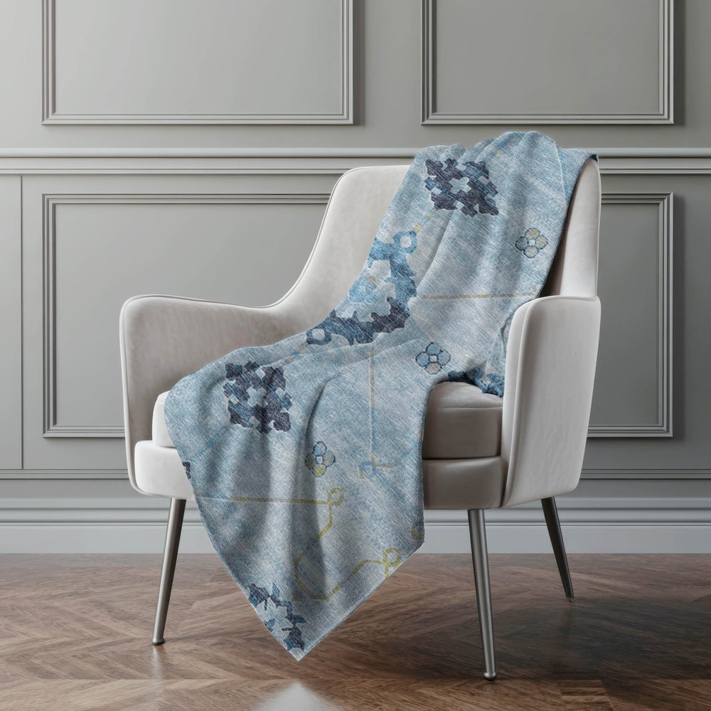 50" X 70" Blue And Light Blue Floral Polyester Woven Plush Throw Blanket