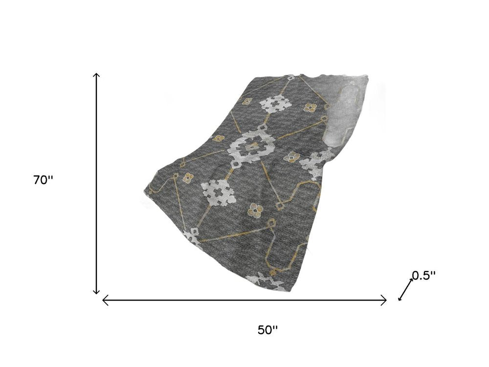 50" X 70" Gray Ivory And Gold Floral Polyester Woven Plush Throw Blanket