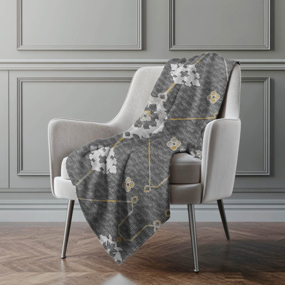 50" X 70" Gray Ivory And Gold Floral Polyester Woven Plush Throw Blanket