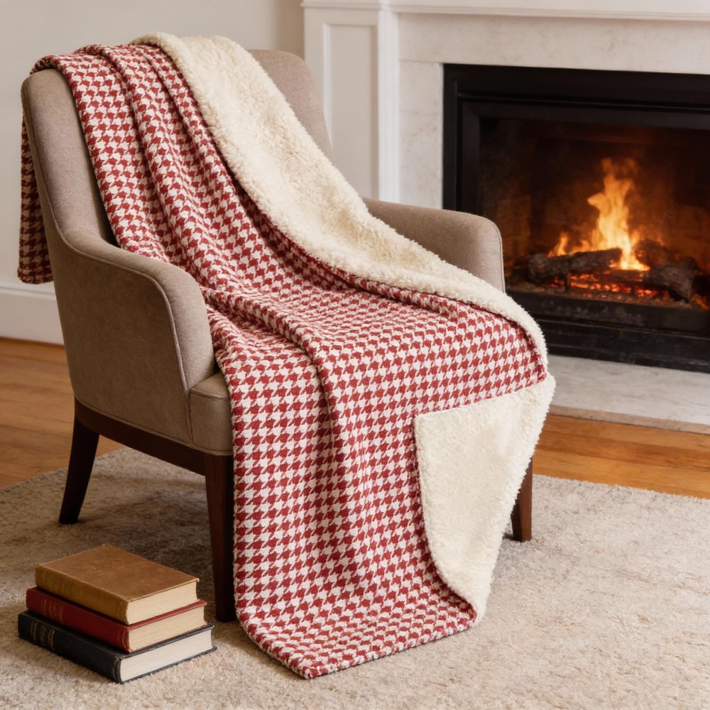50" X 70" Red And White Houndstooth Microfiber Plush Throw Blanket