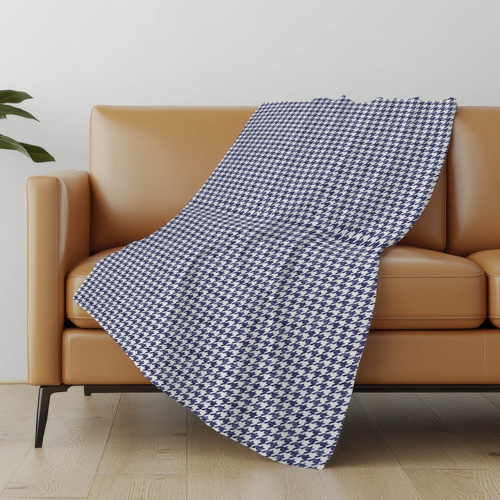 50" X 70" Navy Blue And White Houndstooth Polyester Woven Plush Throw Blanket