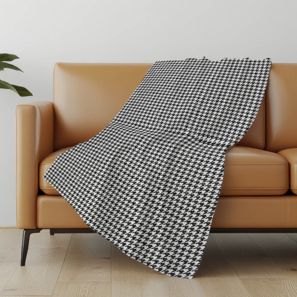 50" X 70" Black And White Houndstooth Polyester Woven Plush Throw Blanket