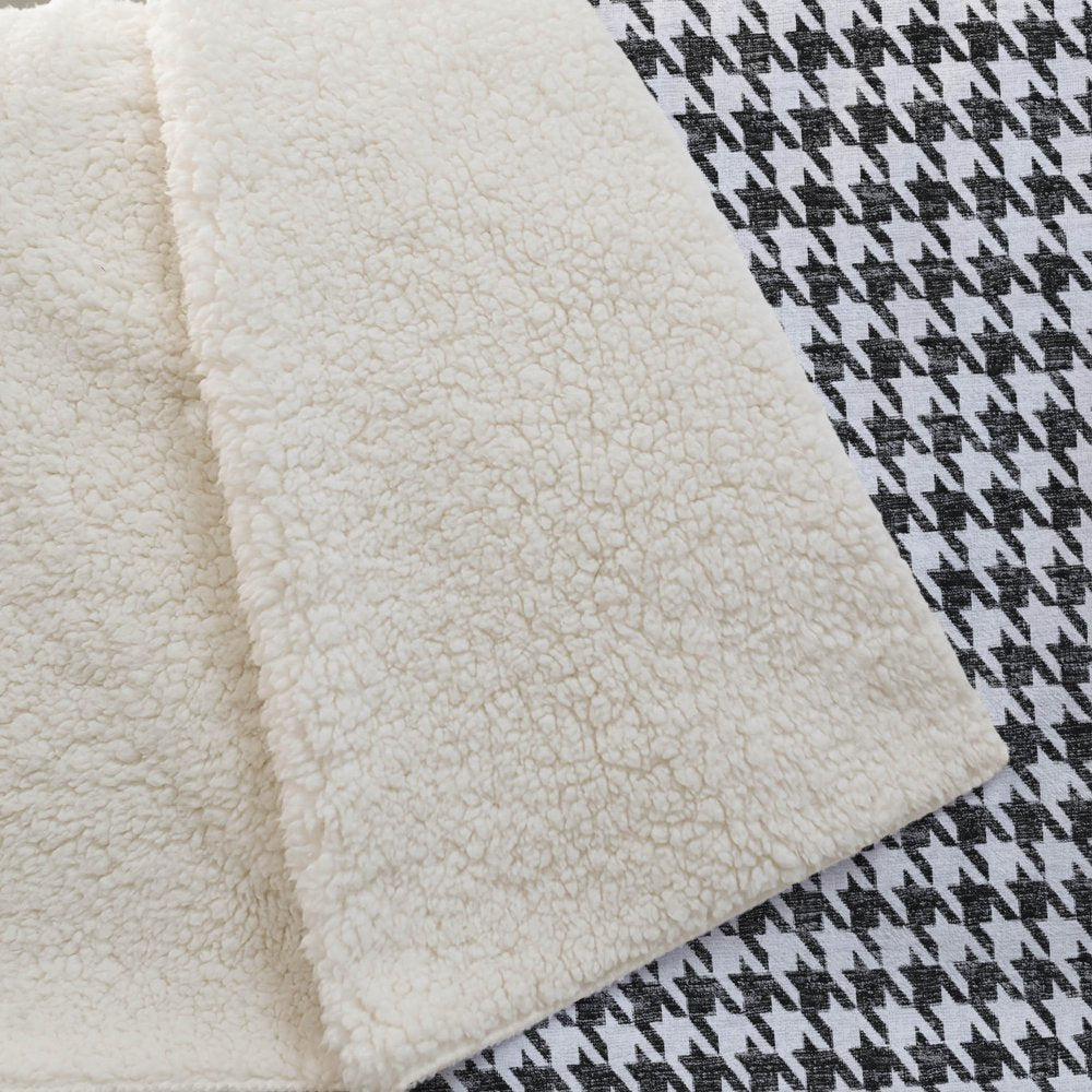 50" X 70" Black And White Houndstooth Polyester Woven Plush Throw Blanket