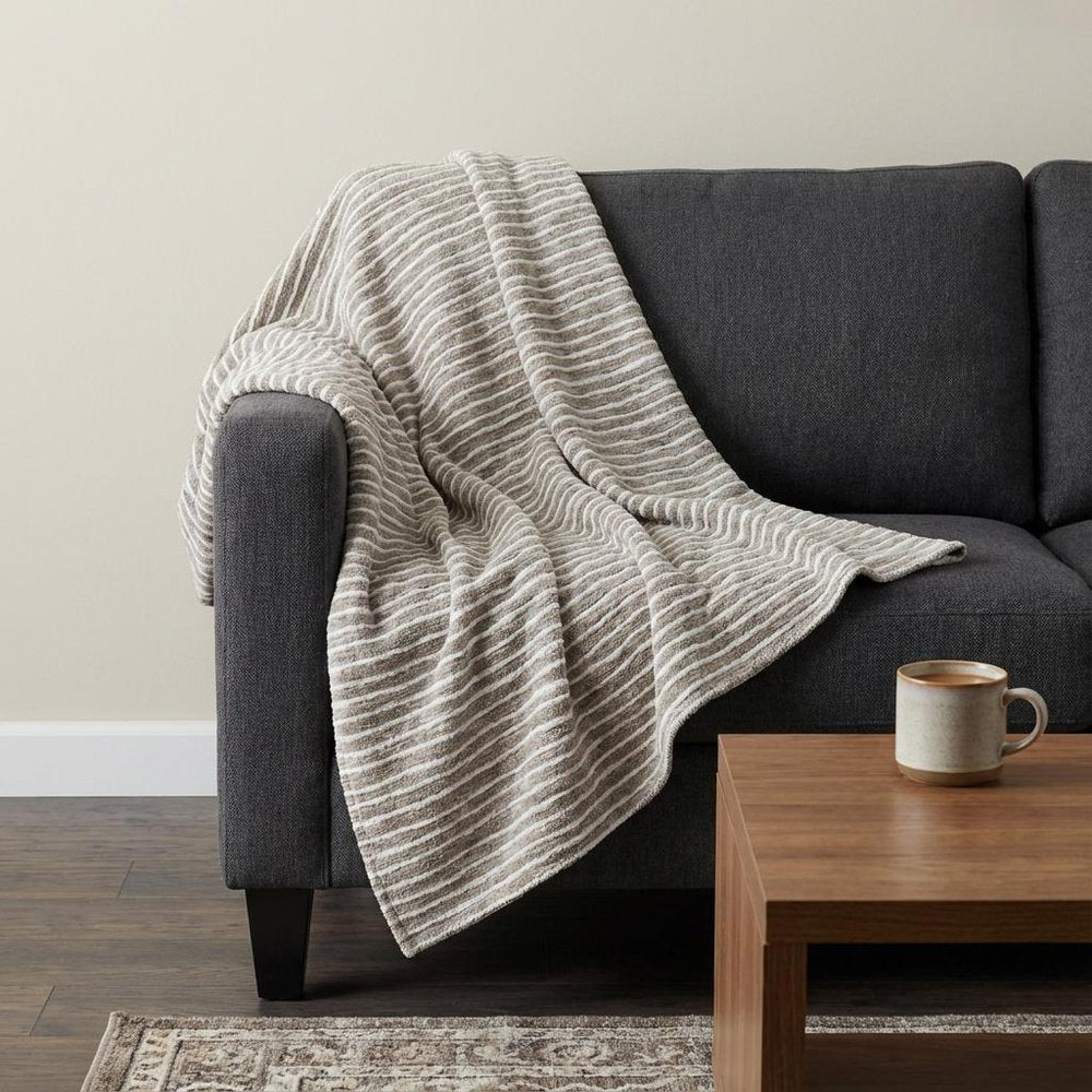 50" X 70" Taupe And Ivory Microfiber Striped Plush Throw Blanket
