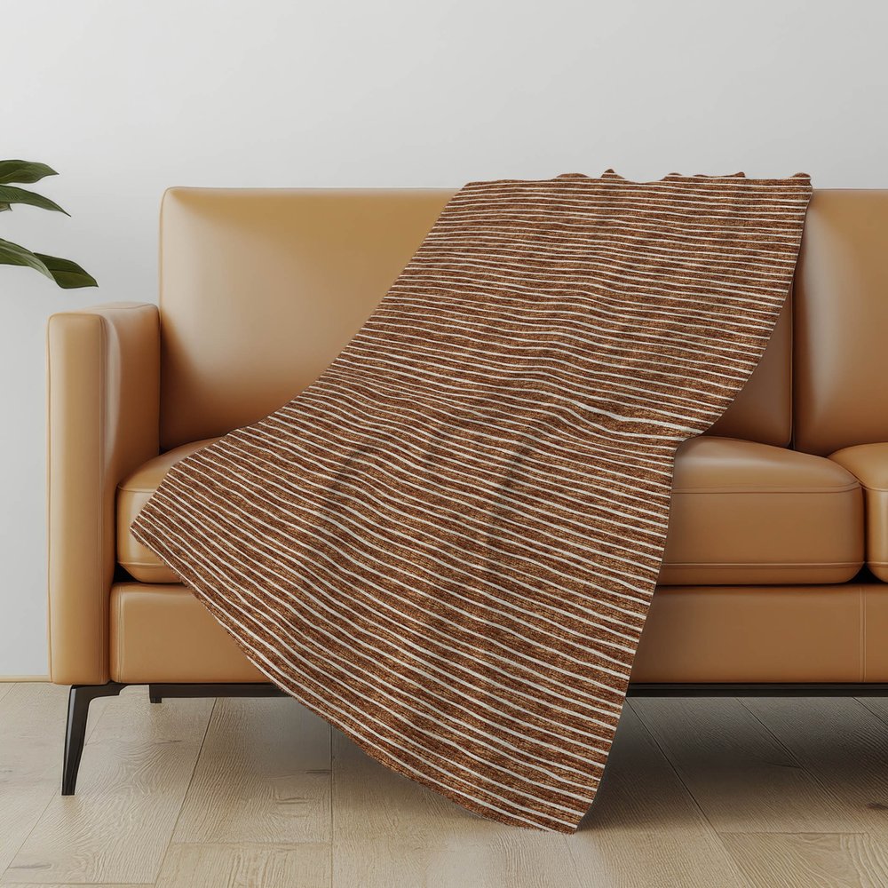 50" X 70" Rust And Beige Striped Polyester Woven Plush Throw Blanket