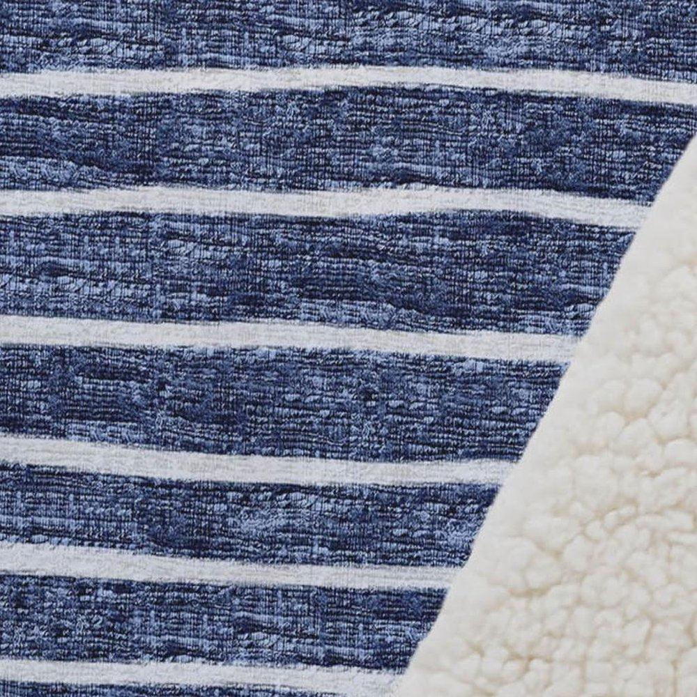 50" X 70" Navy Blue And Ivory Striped Polyester Woven Plush Throw Blanket