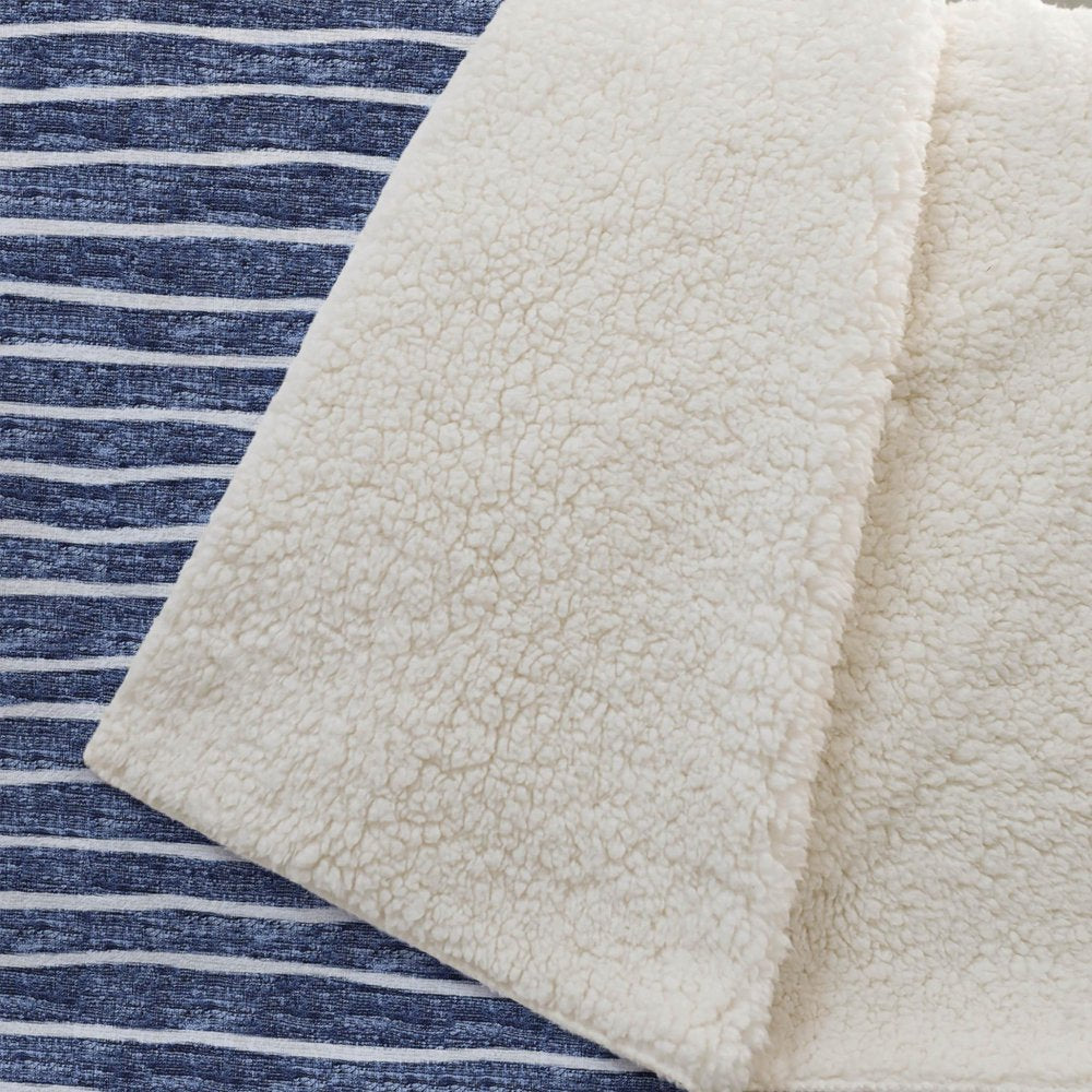 50" X 70" Navy Blue And Ivory Striped Polyester Woven Plush Throw Blanket