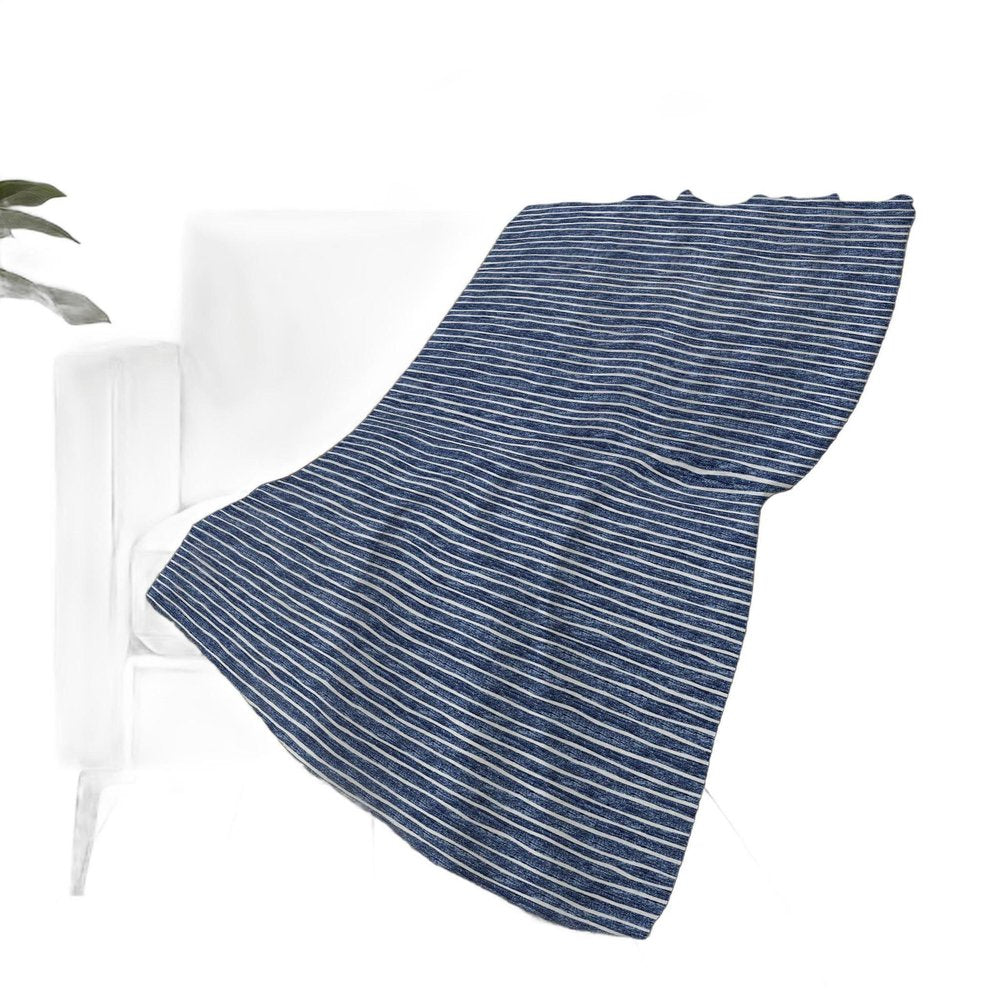50" X 70" Navy Blue And Ivory Striped Polyester Woven Plush Throw Blanket