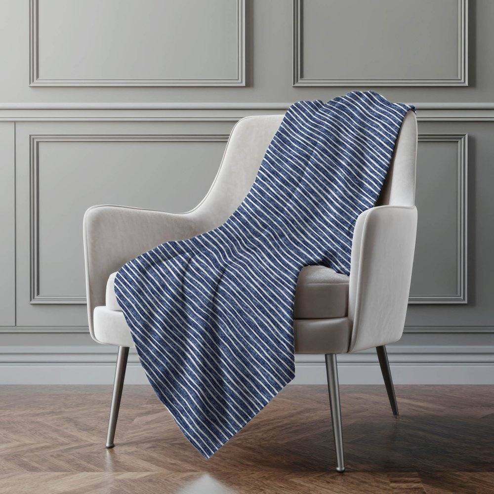50" X 70" Navy Blue And Ivory Striped Polyester Woven Plush Throw Blanket