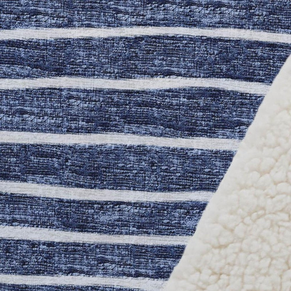 50" X 70" Navy Blue And Ivory Striped Polyester Woven Plush Throw Blanket