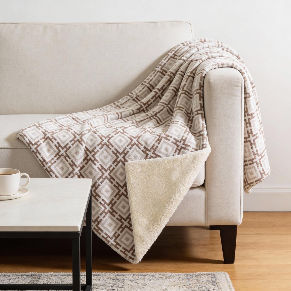 50" X 70" Taupe And Beige Microfiber Geometric Plush Throw Blanket