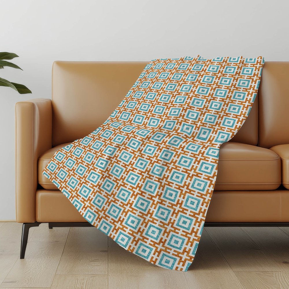 50" X 70" Orange Ivory And Teal Geometric Polyester Woven Plush Throw Blanket