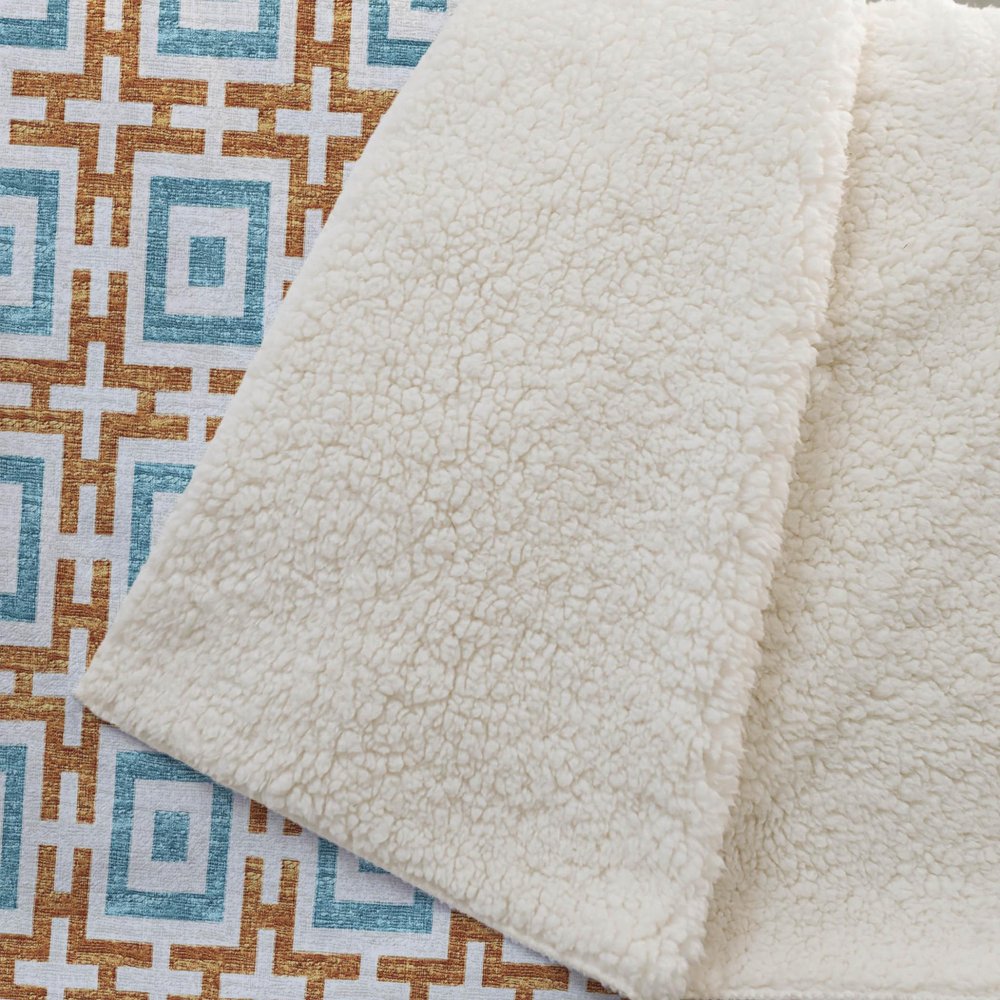 50" X 70" Orange Ivory And Teal Microfiber Geometric Plush Throw Blanket