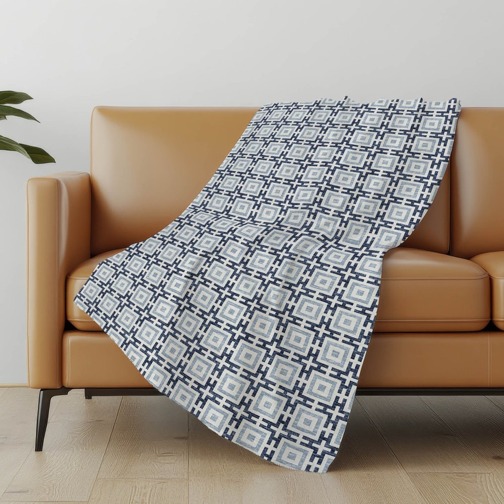 50" X 70" Navy Blue And Ivory Geometric Polyester Woven Plush Throw Blanket
