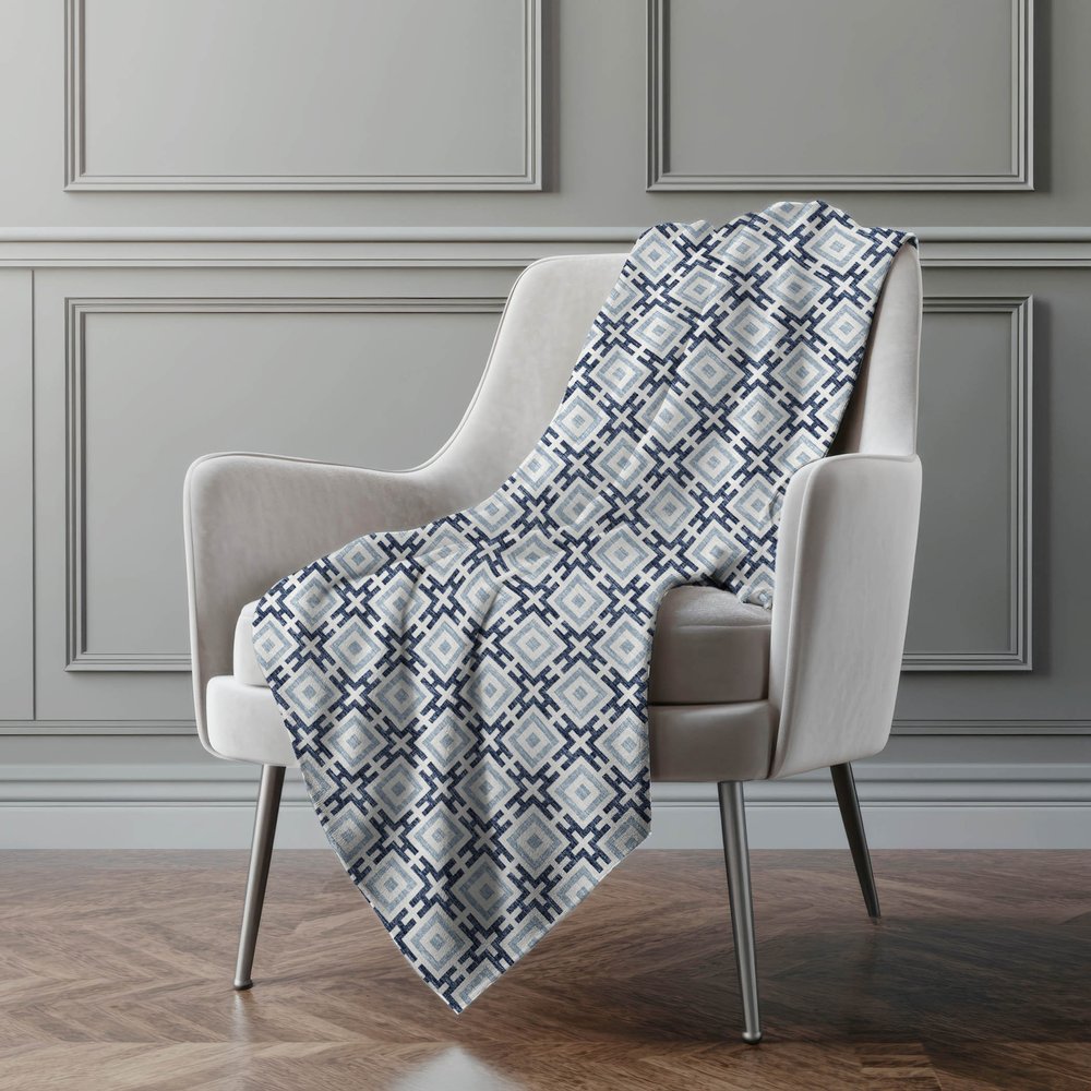 50" X 70" Navy Blue And Ivory Geometric Polyester Woven Plush Throw Blanket