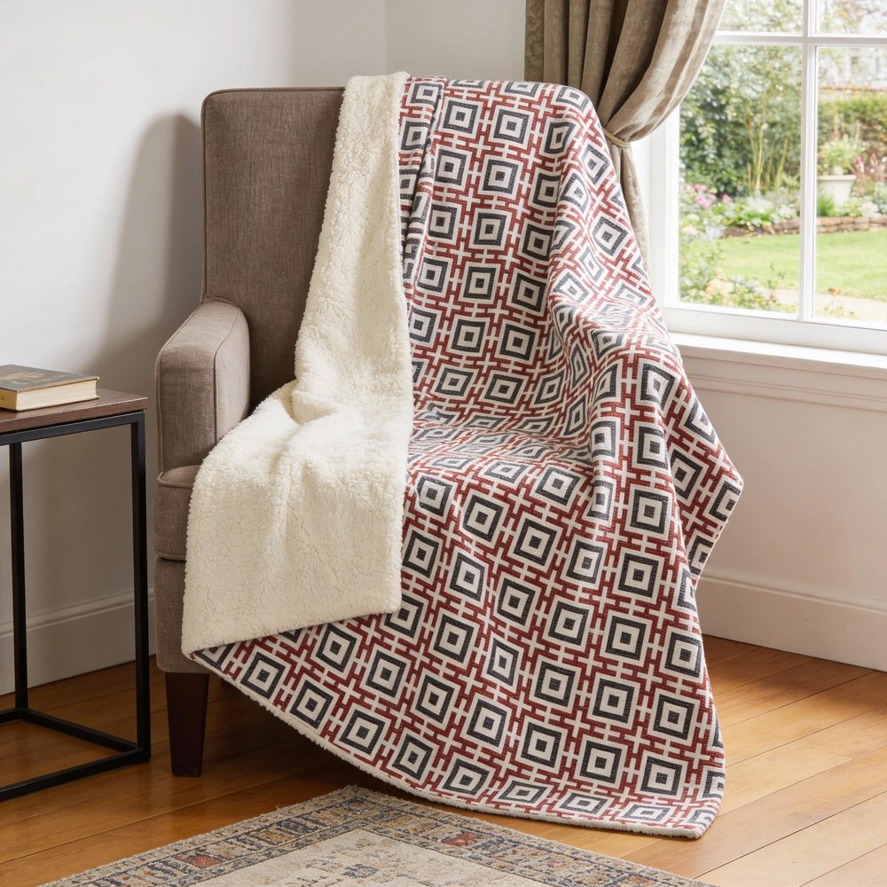 50" X 70" Red Ivory And Black Microfiber Geometric Plush Throw Blanket